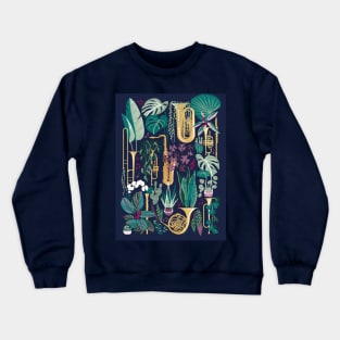 Music to my eyes - oxford navy blue background gold textured musical instruments green indoor plants pink music notes Crewneck Sweatshirt